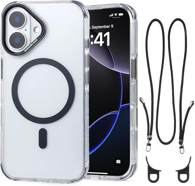 for iPhone 16 Case with 62.99 inch Lanyard, Classic Clear&Black Magnetic Phone by QATYYY