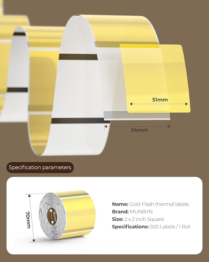 MUNBYN 2x2 Inch Gold Transparent Thermal Labels, Square Fine Glitter Printable - Image 2