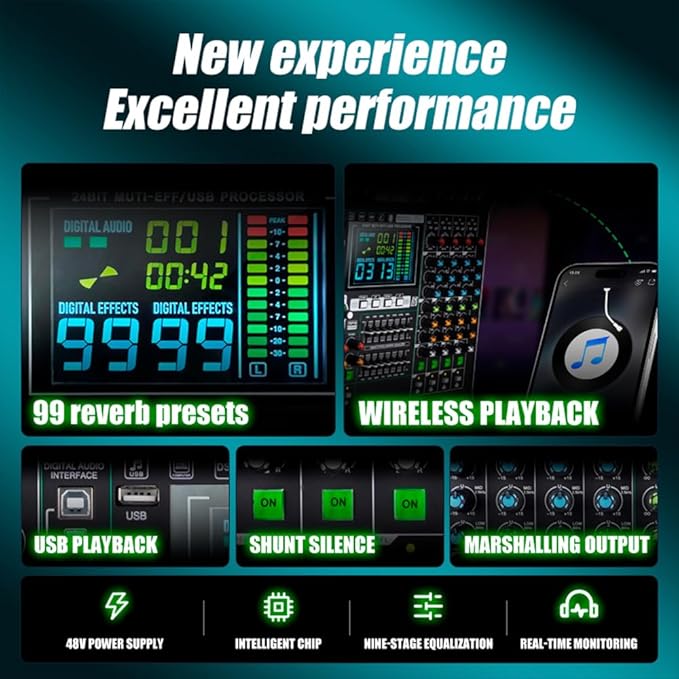 MD-14 14-Channel Professional Audio Mixer, 99 DSP Effects, LED Display - Image 6