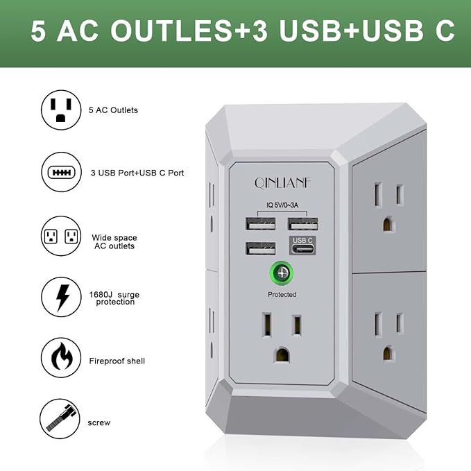USB Wall Charger, Surge Protector, QINLIANF 5 Outlet Extender - Image 2