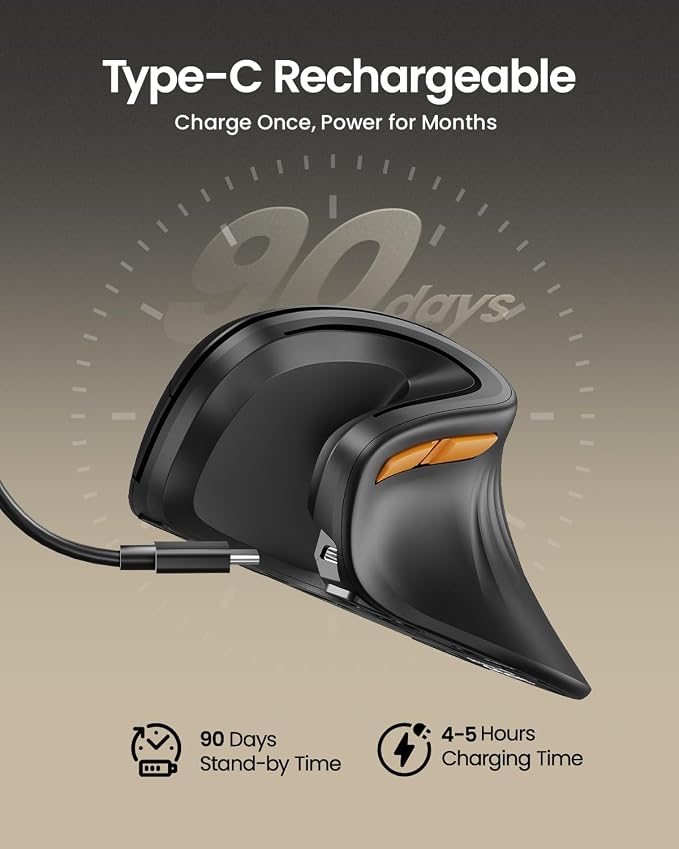 ProtoArc Ergonomic Mouse, EM11 NL Bluetooth Rechargeable Wireless Vertical Mouse - Image 3