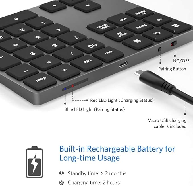 Bluetooth Number Pad, Wireless Numeric Keypad, USB-C Rechargeable External - Image 5