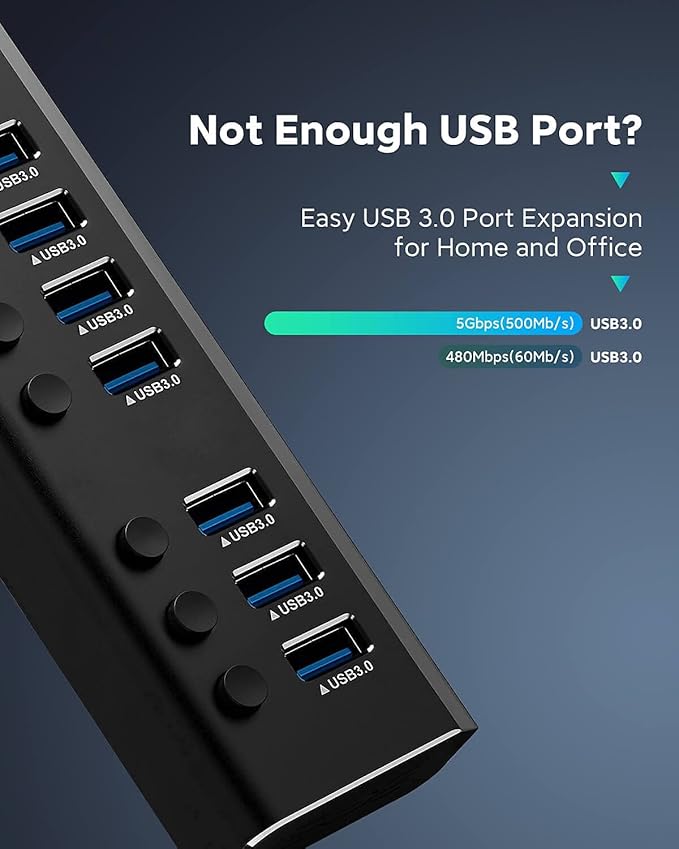 USB Hub 3.0 Powered Rosonway Aluminum 7 Ports USB 3.0 Data Hub Splitter - Image 6