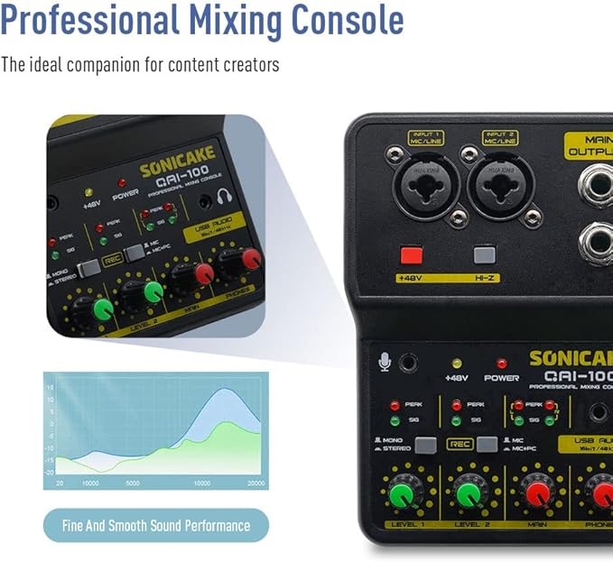 SONICAKE Audio Mixer, Portable USB Mini Sound Board Console, 2 Channel - Image 4