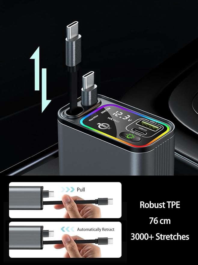 Retractable Car Charger USB C, 145W Type C Car Charger Fast Charging - Image 2