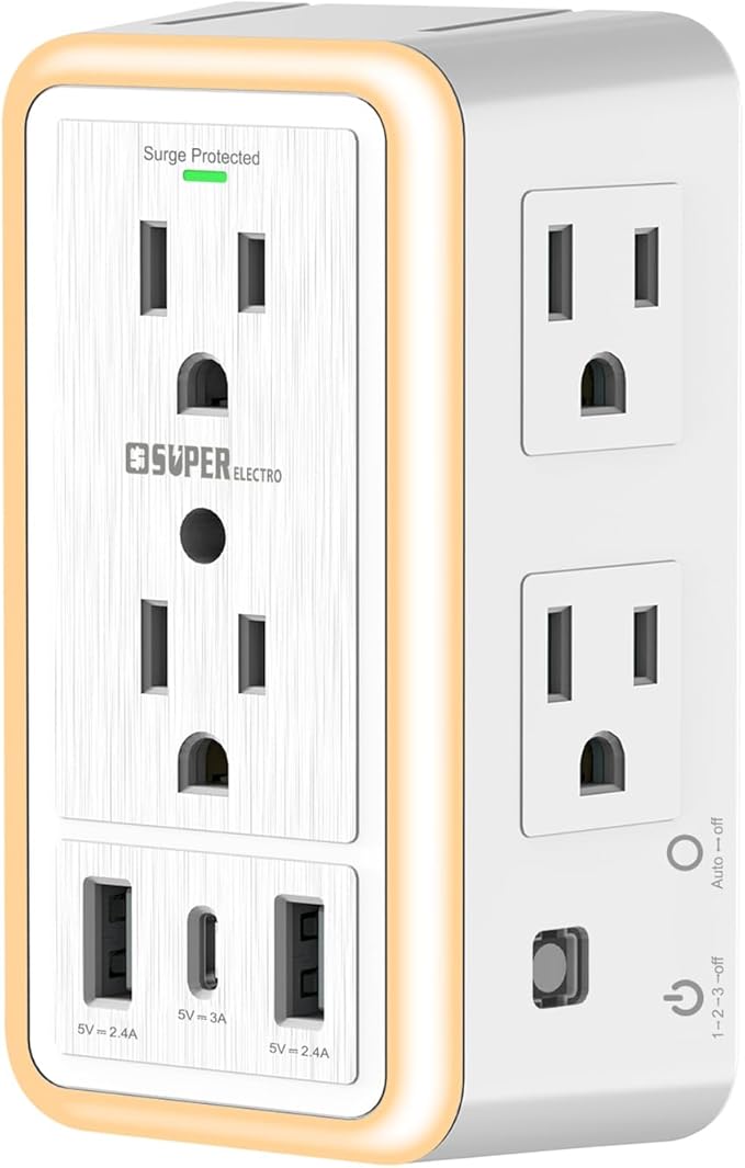USB Wall Charger Surge Protector, Super Electro 6 Outlet Extender by Super+Electro