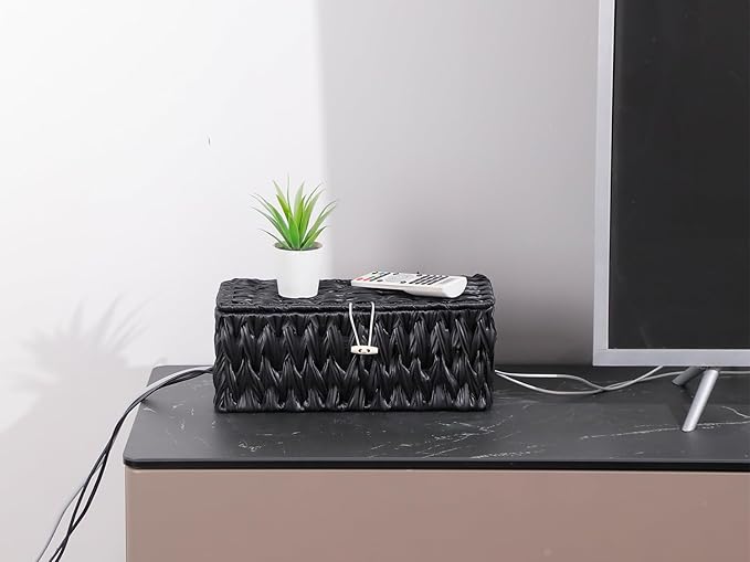 Black Cable Management Box, 2 Pack Large & Medium Rattan Cable Organizer Box - Image 2
