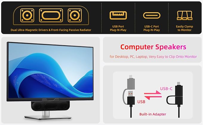 Computer Speakers for Desktop PC, Monitor Speakers, USB Plug-in, External - Image 2