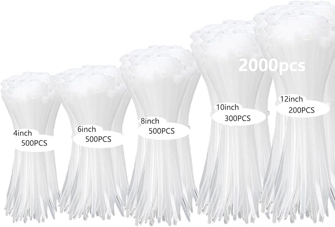 2000 PCS Zip Ties Assorted Sizes 4+6+8+10+12 Inch Self-locking Nylon Cable ties by MasiStranth