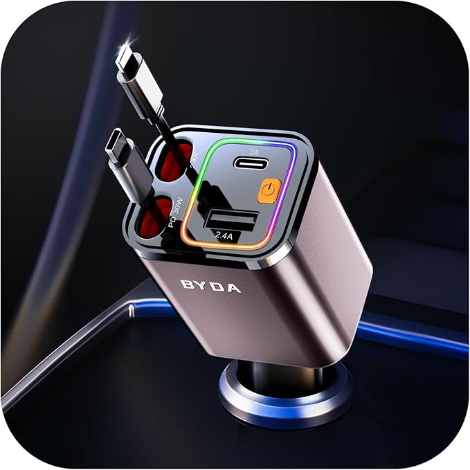 4 in 1 Retractable Car Charger, 69W Car Charger USB C, Cigarette Lighter Adapter by BYDA
