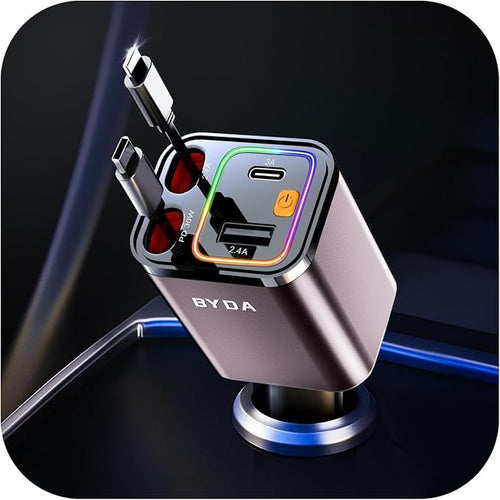 4 in 1 Retractable Car Charger, 69W Car Charger USB C, Cigarette Lighter Adapter by BYDA