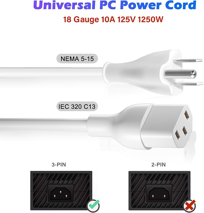 Adoreen 6 Ft Computer TV Replacement Power Cord White, 18AWG 3-Prong AC - Image 3