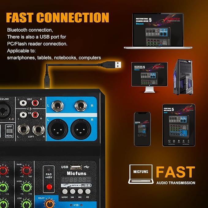 Mini audio DJ mixer Sound Board Console System, 5 Channel 48V Phantom Power - Image 3