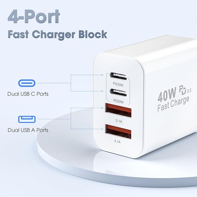 USB C Charger Block, 2 Pack 40W 4-Port iPhone Charger Fast Charging Multiport - Image 7