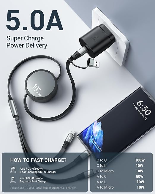 CAFELE 100W Retractable USB C Cable, 6-in-1 Multi Charging Cable, USB A/C 5A - Image 3