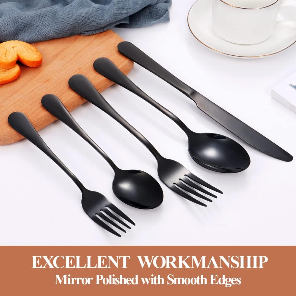 Lazycorner 30 Pcs Black Silverware Set for 6, Mirror Polished Flatware Set Stainless Steel Fork Knife Spoon, Food Grade Eating Utensils Sets, Reusable Silverwear Cutlery Set, Dishwasher Safe