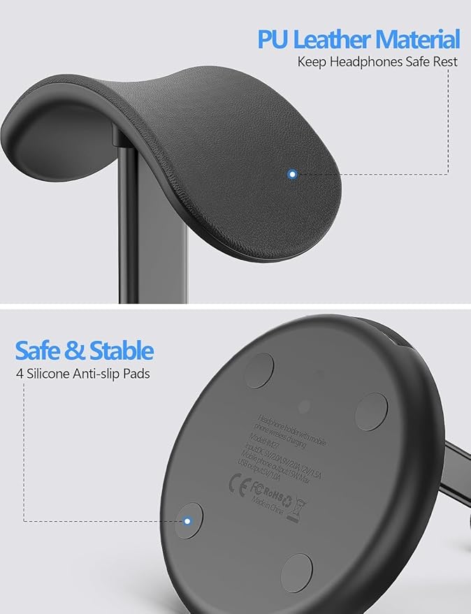 Miroddi Headphone Stand with Wireless Charger, Independent USB Charging Port - Image 6