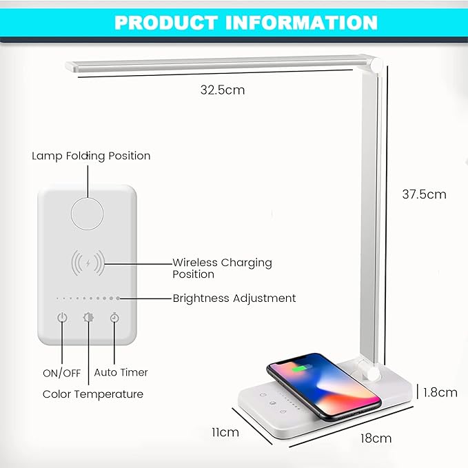 LED Desk Lamp with Wireless Charger, USB Charging Port, Desk Light with 10 - Image 5