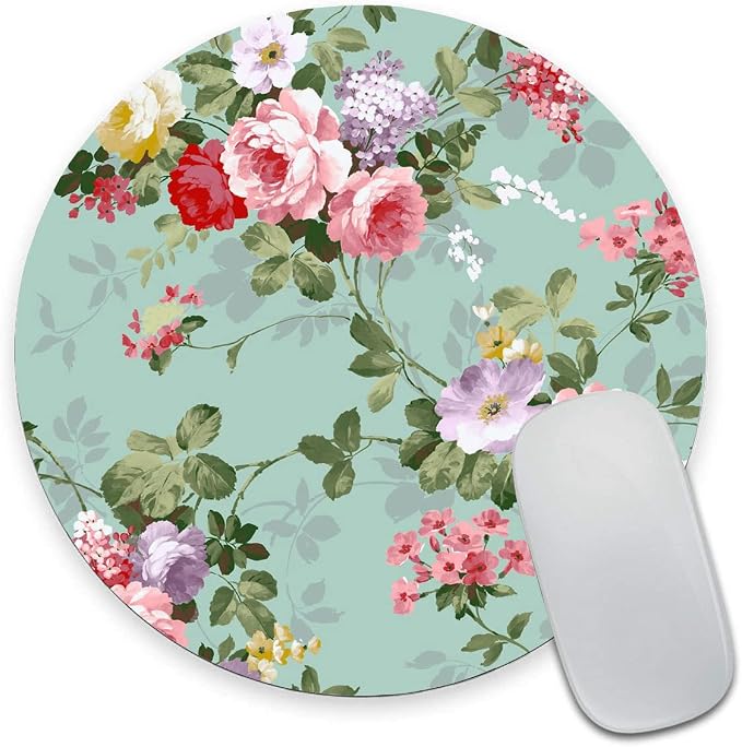 Mouse Pad, Mint Floral Teal Mouse Pad, Washable Round Mousepad by Armanza
