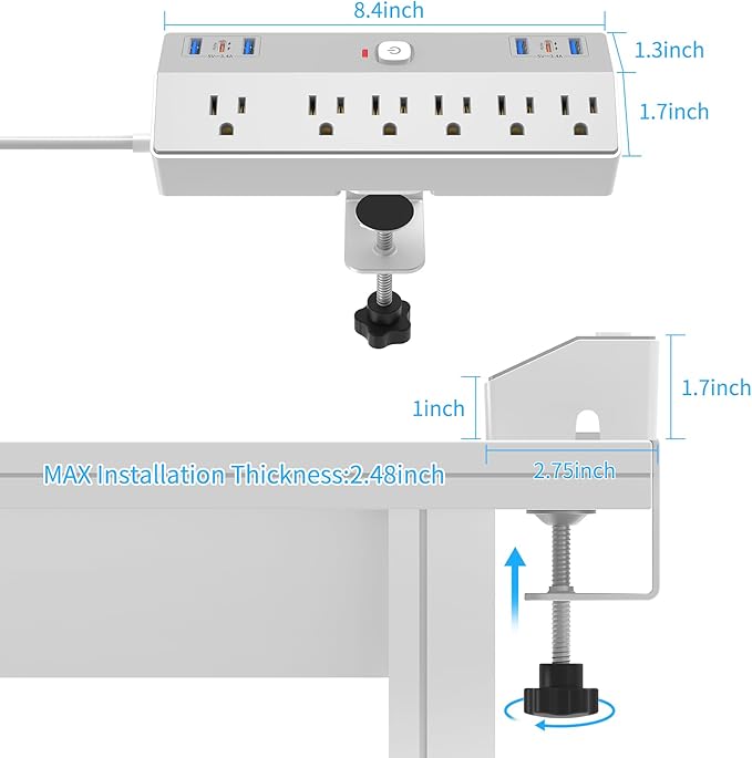Clamp Power Strip Tall, 40W Fast Charging Station, Desk Mount Desk Shelf - Image 6