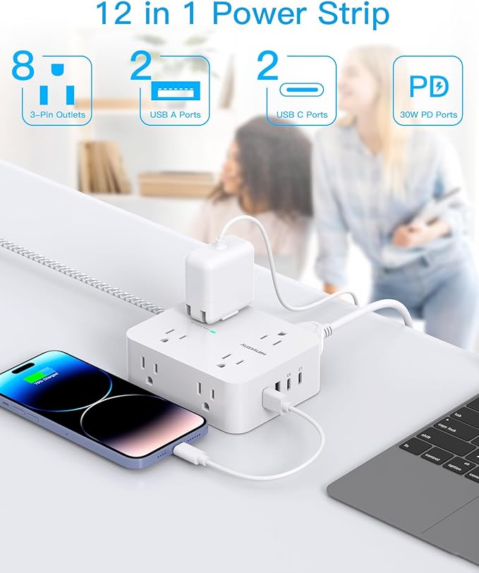 PD 30W USB C Power Strip Surge Protecor, HANYCONY 8 Outlets 4 USB, 1080J Desk - Image 2