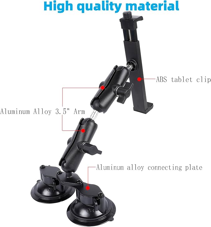 Dual Suction Cup Tablet Mount for Truck/Car, 13.4 Inch Aluminum Arm, 360° - Image 3