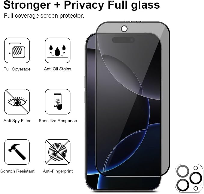 3 Pack for iPhone 16 Pro Max Privacy Screen Protector + 2 Camera Lens 9H+ Full - Image 9