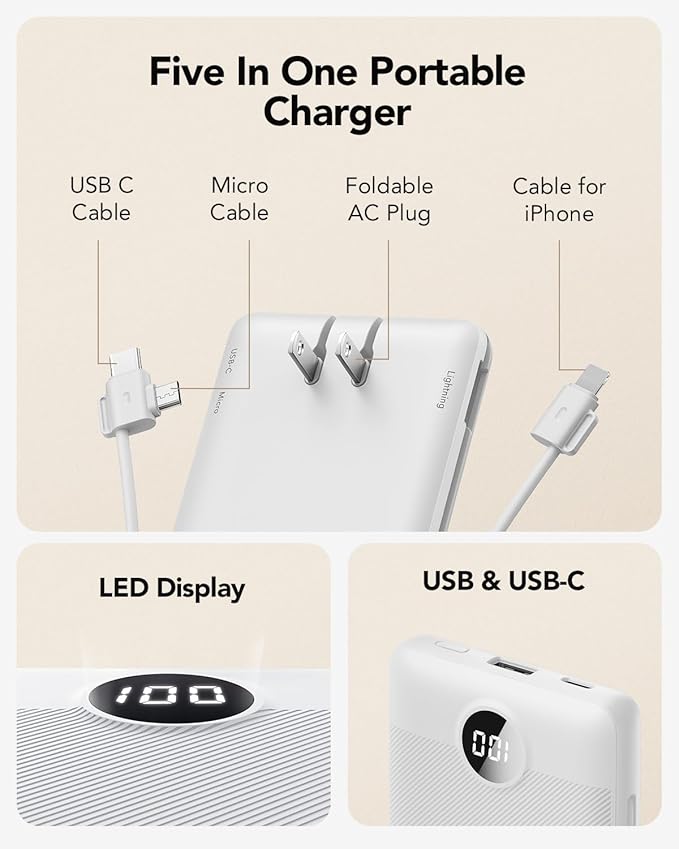 VRURC Portable Charger with Cables and Wall Plug | Power Bank with Cords | - Image 3