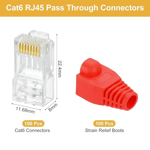 MECCANIXITY 100pcs Cat6 RJ45 Pass Through Connectors, RJ45 Connector 8P8C Gold - Image 2