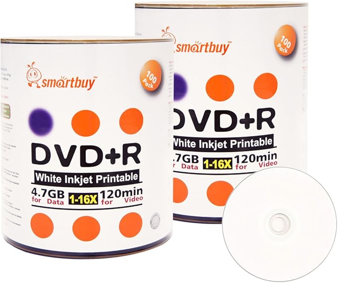Smart Buy 200 Pack DVD+R 4.7gb 16x White Printable Inkjet Blank Media Record by Smartbuy