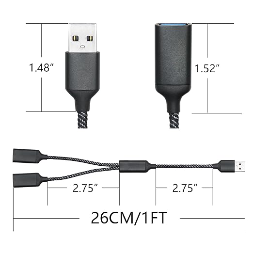 USB Splitter Cable 1FT, USB A Male to Dual USB A Female Y Splitter Adapter 1 in - Image 6
