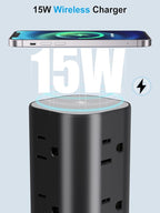 Power Strip Tower with Wireless Charger, Flat Plug Surge Protector Tower with - Image 4