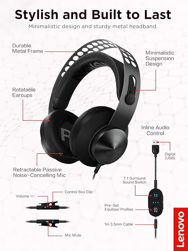 Lenovo Legion H500 PRO 7.1 Surround Sound Gaming Headset, Noise-Cancelling Mic - Image 6