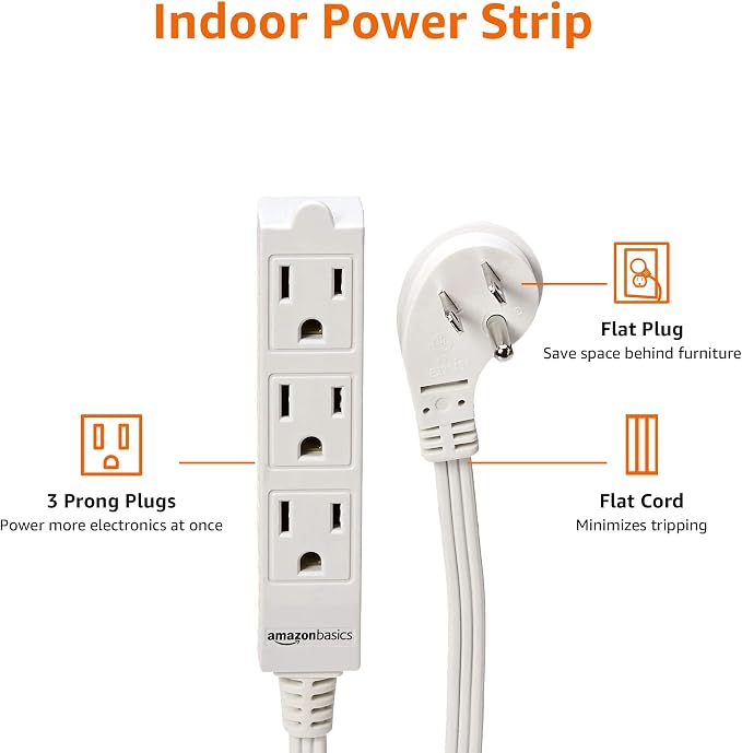 Amazon Basics Rectangular Indoor Extension Cord Power Strip, Flat Plug - Image 2