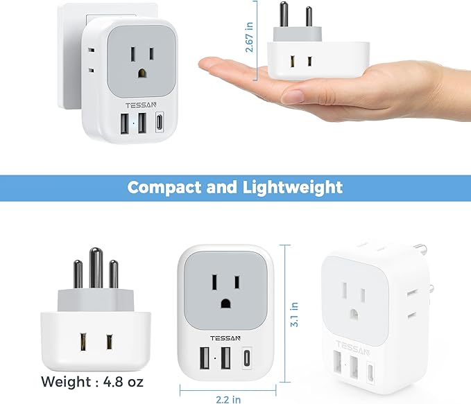 India Plug Adapter 2 Pack, TESSAN Type D Travel Adapter - Image 6