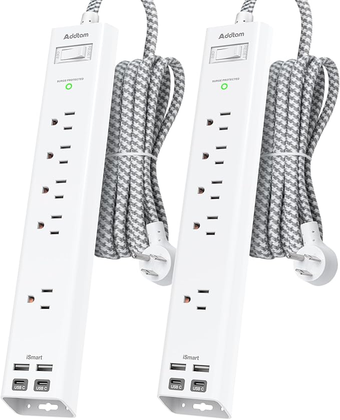 Addtam 2 Pack Surge Protector Power Strip -15ft Long Extension Cord, 5 Widely by Addtam