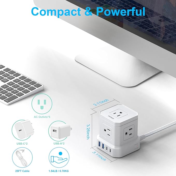 TOPREK Power Strip 25 FT Extra Long Extension Cord | Flat Plug Surge Protector - Image 7