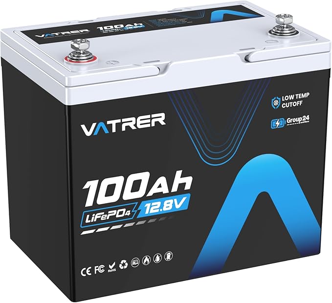 12V 100Ah Group 24 Lithium Deep Cycle Battery, 100A BMS Rechargeable LiFePO4 by VATRERPOWER
