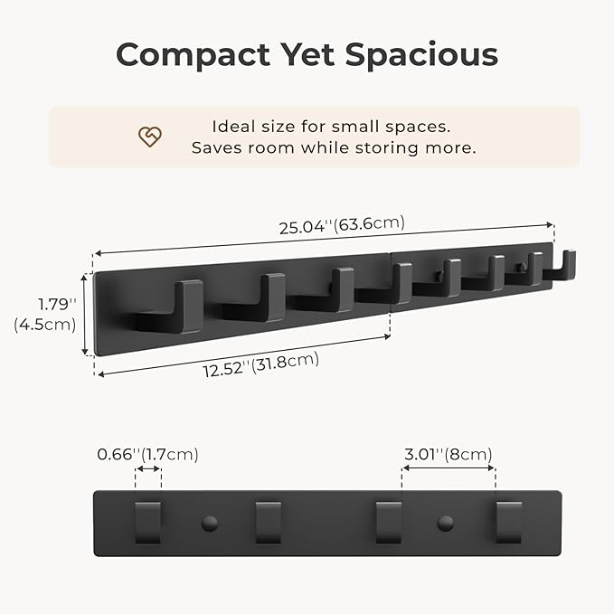 Black Wall Mounted Coat Rack- 2 Modular Rails, 8 Right-Angle Hooks, Modern - Image 6