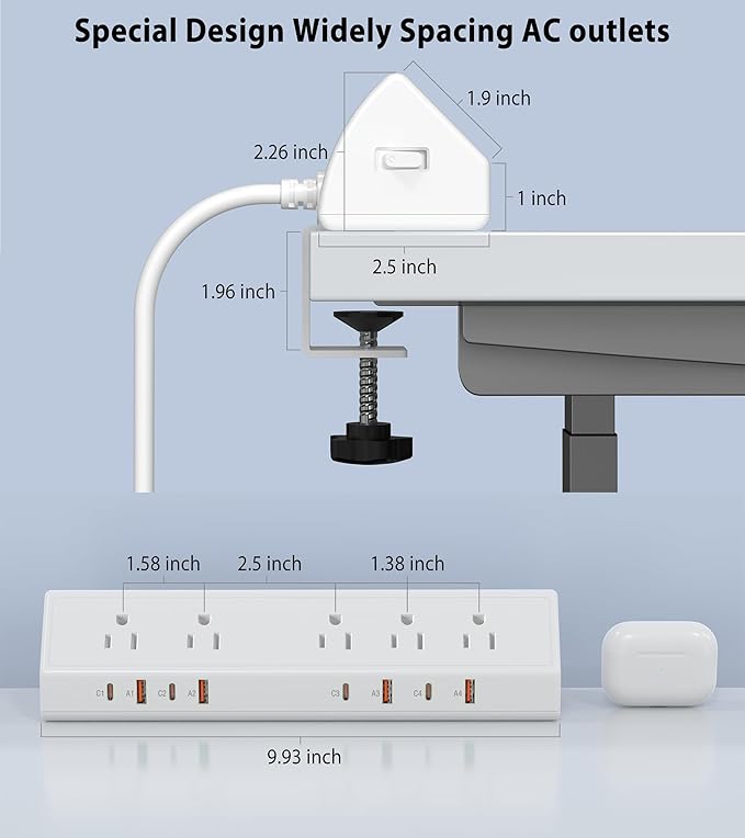 Desk Clamp Power Strip 65W Fast Charging Station, 4 PD USB-C, 5 Outlets - Image 6