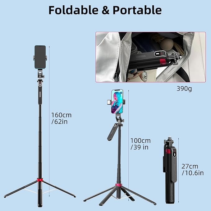 WOVTE 62" Selfie Stick with 2 Lights, Extendable Stand - Image 4