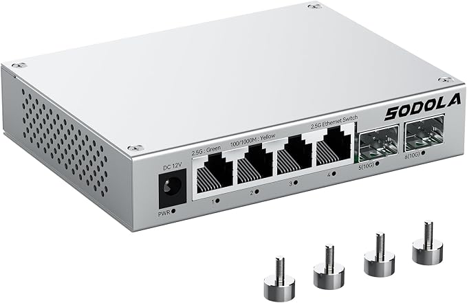SODOLA 2.5Gb Switch, 4 x 2.5G Base-T Ports, 2 x 10G SFP+, Aluminum Alloy by SODOLAPoENETWORKS