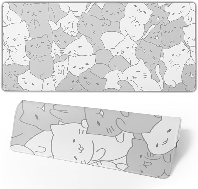 White Kawaii Cats E-Sport Mouse Pad Large Desk Mat Non-Slip Rubber Base by Brecoy