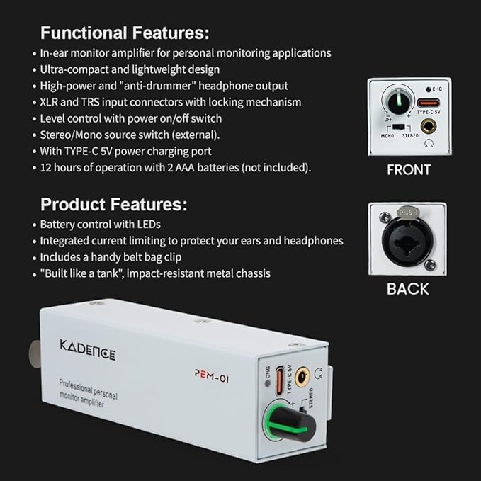 Kadence PEM-01 in-Ear Personal Monitor Amplifier, XLR/TRS Inputs, Stereo/Mono - Image 5