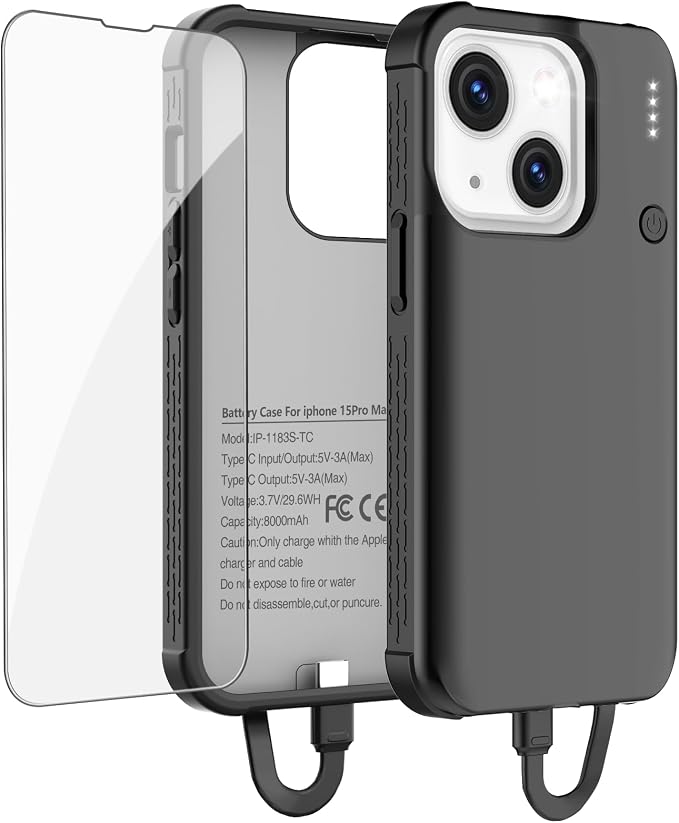 GIN FOXI Battery Case for iPhone 15/15 Pro, Built-in Cable 7000mAh Fast Charing by GINFOXI