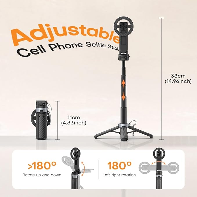 Mini Magnetic Selfie Stick, 360° Rotation Carbon Fiber Cell Phone Tripod - Image 3