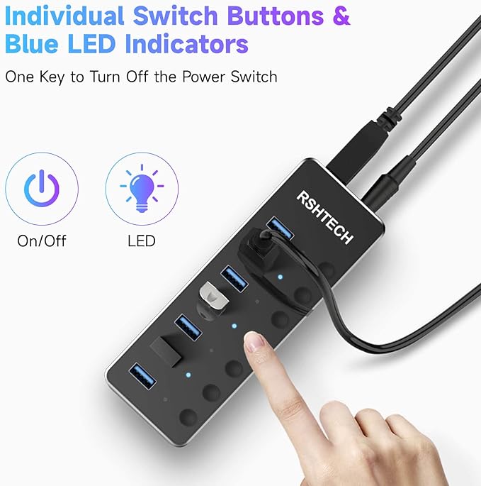 Powered UBS Hub, RSHTECH 7 Port USB 3.0/USB C Hub Upgraded Version Aluminum USB - Image 7