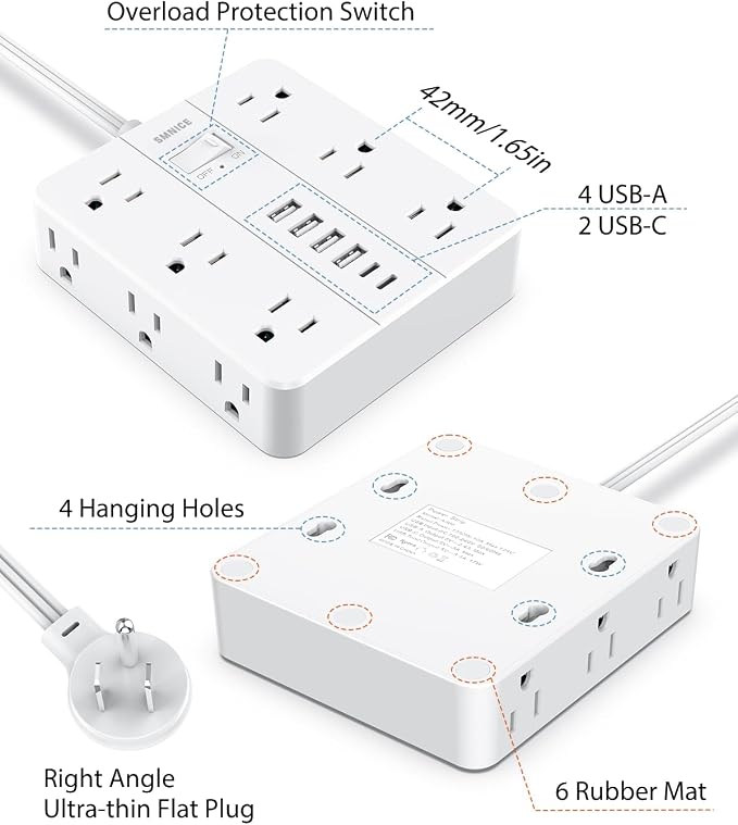 Power Strip Surge Protector 23ft Extension Cord, SMNICE Flat Plug - Image 7