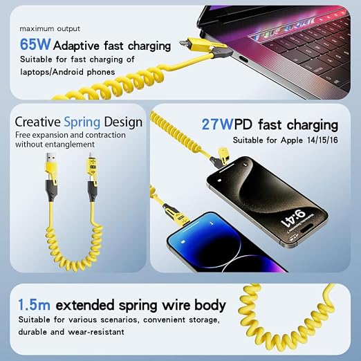 4 in 1 Spring Fast Charging Cable, 65W USB-C PD Multi Fast Charging, 1.2m/4ft - Image 3