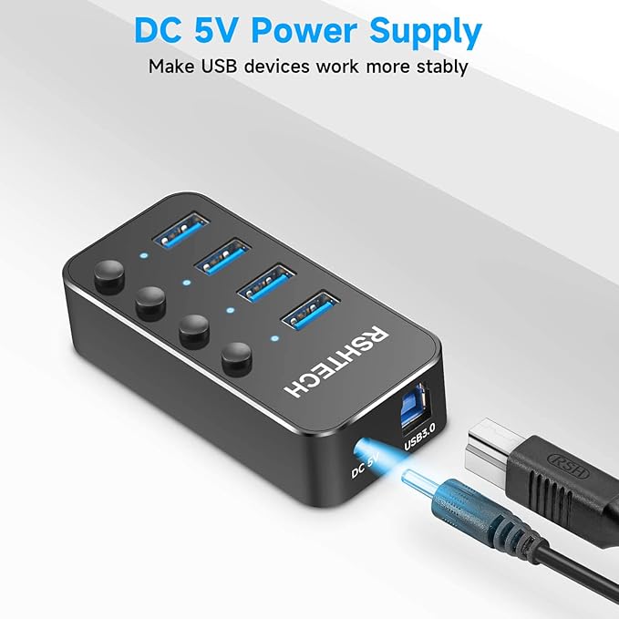 USB 3.0 Hub RSHTECH 4 Port Powered USB 3.0/USB C Hub Upgraded Version - Image 6